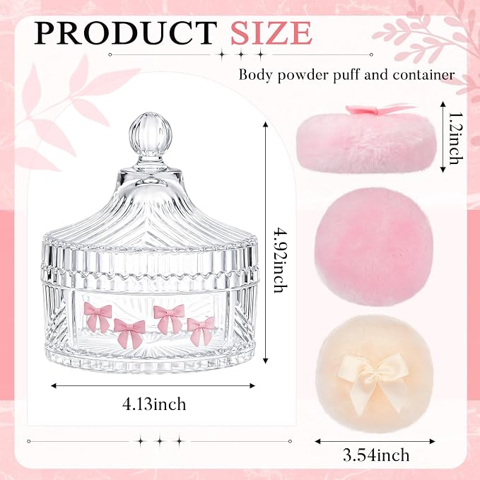 Tioncy 3 Pcs Large Body Powder Puff and Container Valentine's Day gift Powder Container with Puff Crystal Case Soft Washable Reusable Velour Face Body Glitter Wet Dry Makeup (Pink Bow,Clear)