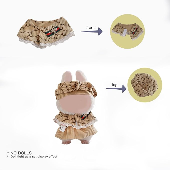 17cm Doll Clothes Set and Accessories Suit, (NO Doll) 4-Piece Set, British Style,Clothes for labubu, Including Shawls, Beret, Skirts, Bags (Khaki)