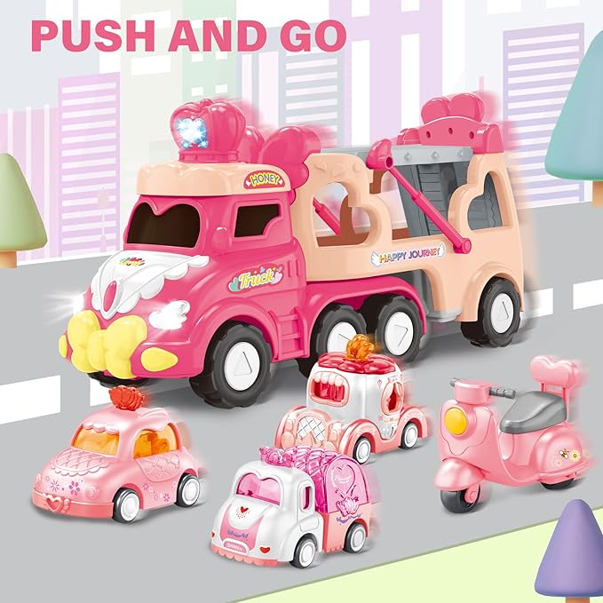 9 in 1 Carrier Truck Cars Toys - Pink Princess Girl Car with Light and Sound - Toddler Toys Age 1-4