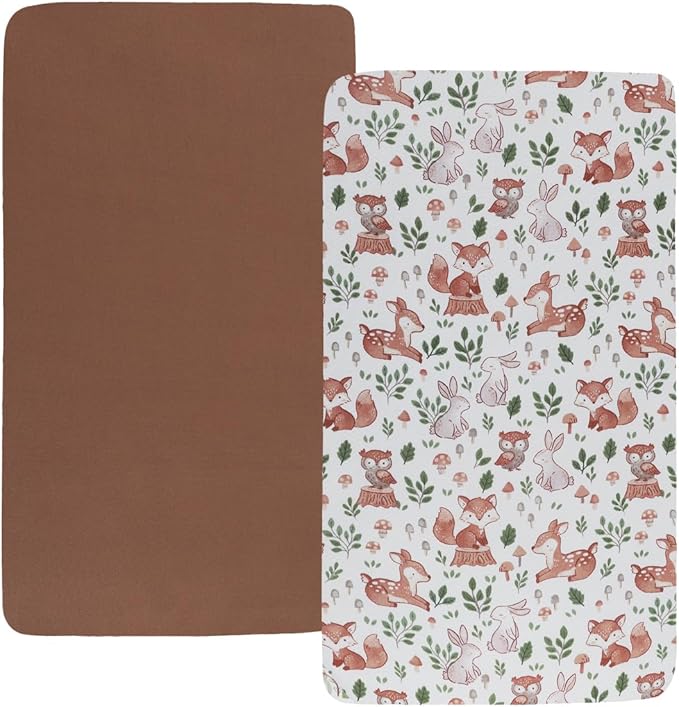 Pack n Play Sheet Stretchy Fitted Portable Mini Crib Sheets Set 2 Pack,Playard Sheets Convertible Playard Mattress Cover,Ultra Soft Jersey Material, Brown & Fox