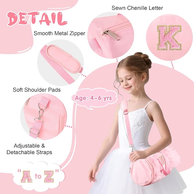 Personalized Initial Dance Bag for Girls 4-6, Small Lace Gym Sport Yoga Cheer Dance Bags Gift for Teen Girls, Cute Letter Kids Ballet Bag Toddler Travel Duffel Tote with Adjustable Straps(Pink-K)