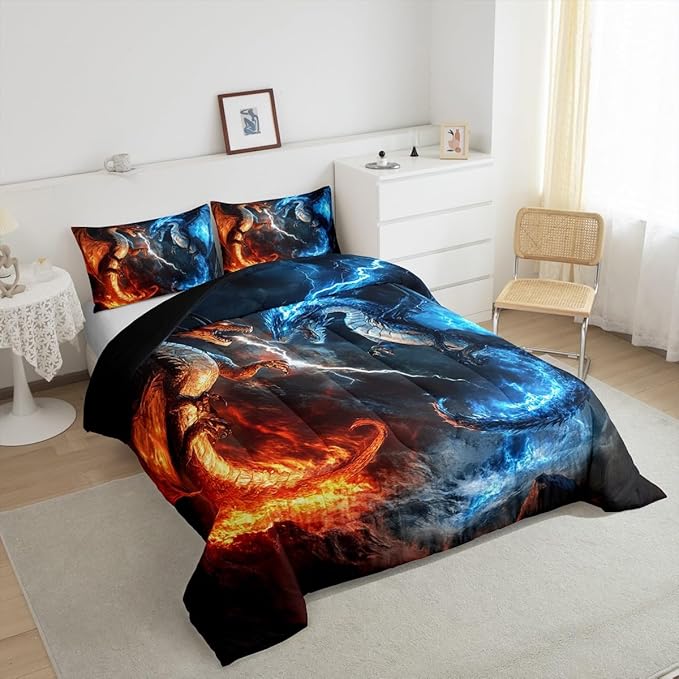 Feelyou Dragon Comforter Set King Size Dragon Stuff Comforter for Boys Girls Teens Wild Life Bedding Set Thunder and Lightning Duvet Set Room Decor Blue Orange Quilt Set