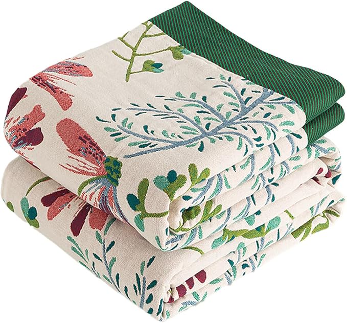 VANJOROY Boho Throw Blanket, 100% Organic Cotton Breathable Ultra Soft 50" x 60" Bed Quilt Throw - All Season Floral Rustic Farmhouse Decor Luxury Reversible Blanket for Sofa Couch Chair and Gift