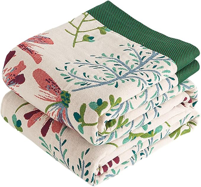 VANJOROY Boho Throw Blanket, 100% Organic Cotton Breathable Ultra Soft 80" x 90" Bed Quilt Throw - All Season Floral Rustic Farmhouse Decor Luxury Reversible Blanket for Sofa Couch Chair and Gift