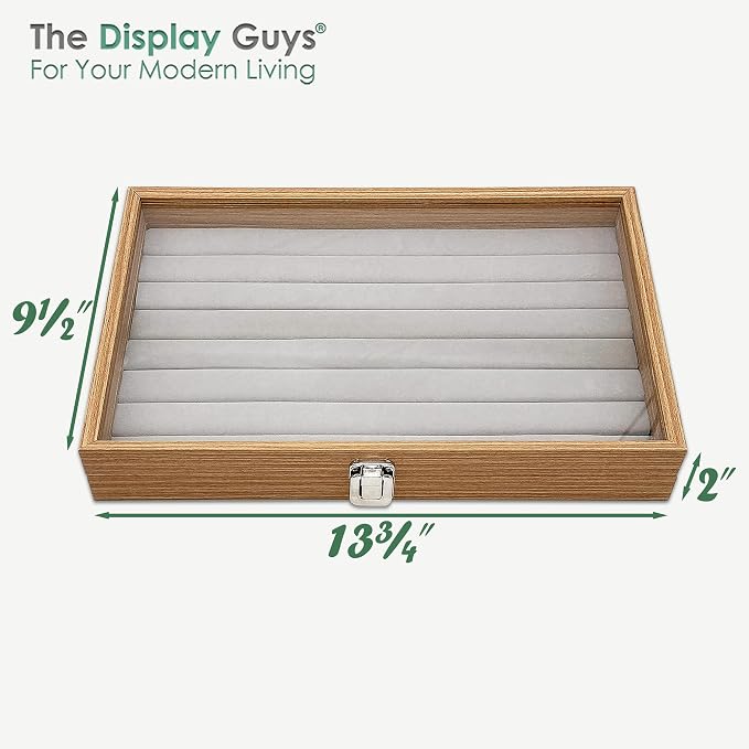 Wooden Travel Jewelry Box w. Tempered Glass Display Lid - Rings Storage - 7-Rows Velvet Organizer (Natural Oak) by The Display Guys
