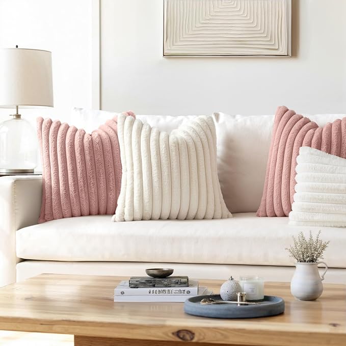 MIULEE Faux Fur Decorative Euro Sham Pillow Covers 24x24 Blush Pink 2 Pack | Modern Cute Soft Plush Couch Pillows, Cozy Fluffy Cushion Covers for Sofa Bed Living Room Home Decor