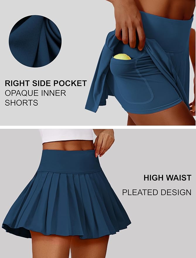 PINSPARK Pleated Tennis Skirts Mini Athletic Golf Skorts with Pocket | 14", High Waist, Lightweight, Quick Dry, Stretchy, Inner Shorts, Sun Protection, Pickleball, Casual, for Women