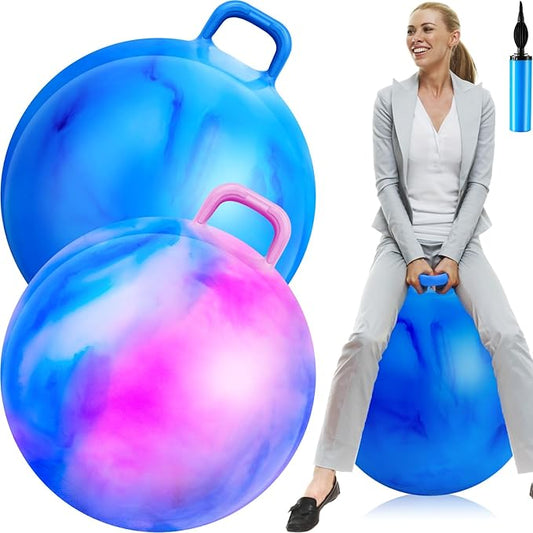 Lewtemi 2 Pcs 29 Inch Big Bouncing Ball with Handle Hopper Ball Jumping Hopping Ball Bouncy Ball for Adults Exercise Ball and Air Pump for Outdoor Sports Game (Gradient Blue, Blue Pink Cloud)