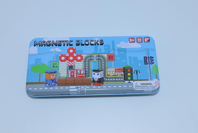 Magnetic Blocks Set, 35PCS Educational STEM Travel Building Toys for Kids 3+, Portable Magnetic Block with Metal Storage Box, Toddler Learning Toys for Boys Girls 4-8 Birthday Gift(Road Transport)