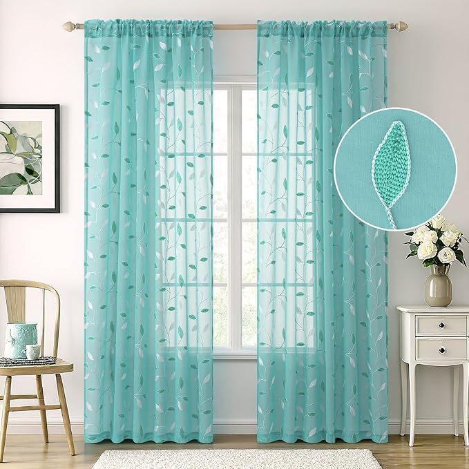 MIULEE Turquoise Sheer Curtains 2 Panels Embroidered Leaf Patterned Rod Pocket Floral Semi Sheer Faux Linen Window Curtains Drapes Set for Living Room Bedroom Dining Room, 52x96 Inches Long