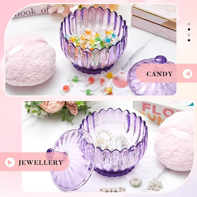 Tioncy 2 Pcs Extra Large Dusting Powder Puff and Container for Women-6'' Glass Crystal Dusting Powder Container Soft Washable Reusable Velour Face(Purple,Scalloped)