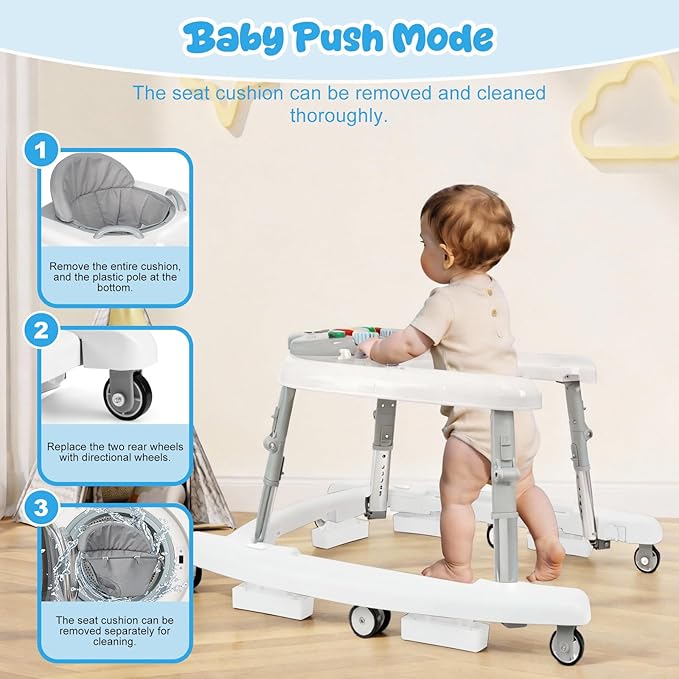 5-in-1 Baby Walker for Boys and Girls Music and Lights 6-18 Month, Foldable Baby Walkers with 5 Adjustable Heights, Infant Toddler Walker with Wheels and Bouncer Combo Portable (White)