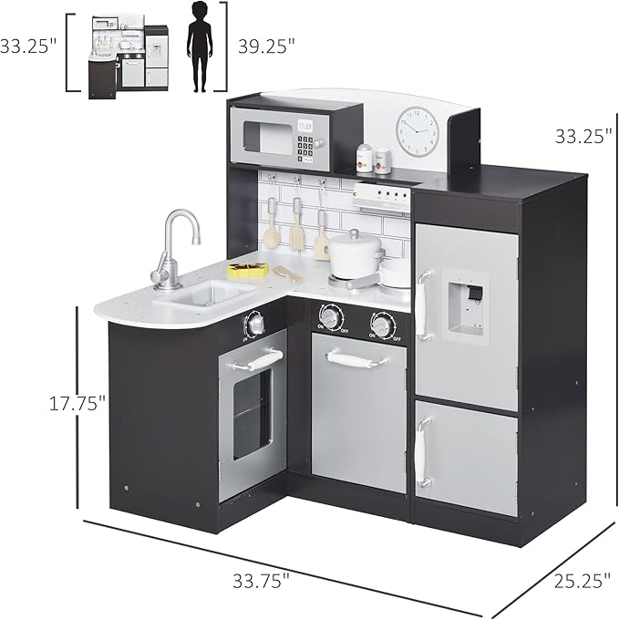 Qaba Corner Kids Kitchen Playset, Wooden Pretend Toy Kitchen Set with Drinking Fountain, Microwave, Fridge and Accessories, Pretend Play Kitchen for 3+ Years, Black