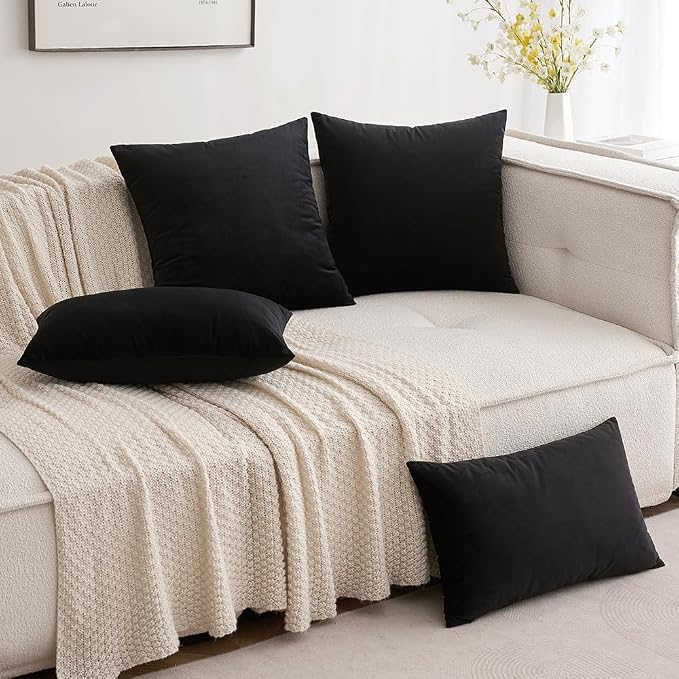 MIULEE 12x20 Inch Lumbar Velvet Throw Pillow Covers Black | Pack of 2 Soft Solid Decorative Pillow Covers, Modern Luxury Home Decor, for Chair Couch Sofa Bedroom Livingroom