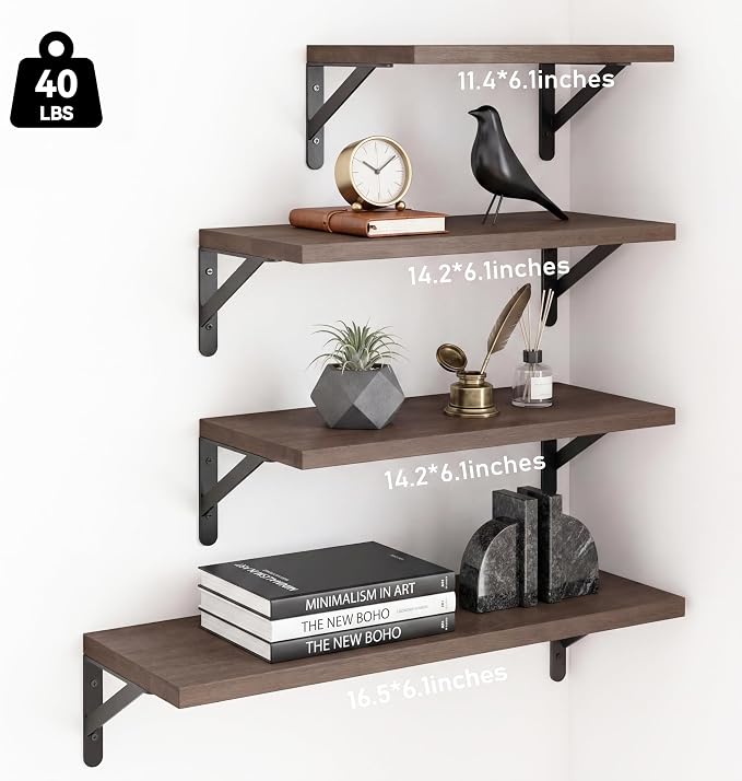 YGEOMER Floating Shelves for Wall, Different Sizes Walnut Wall Shelves for Living Room, Bathroom, Bedroom, Kitchen, Home Decor (Set of 4)