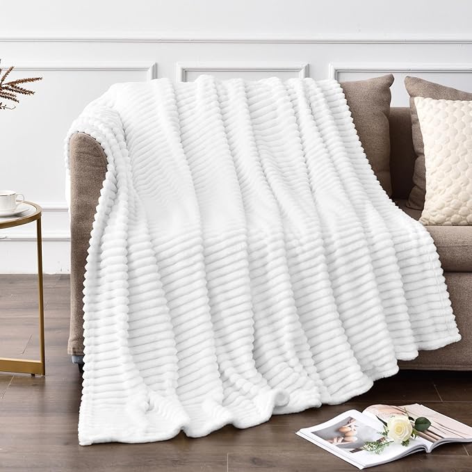 BEDELITE Ribbed Jacquard White Fleece Throw Blanket for Couch, 50x60 Inch | Soft Warm Decorative Fluffy Blanket, Cozy Plush Lightweight Fuzzy Throw Blanket for Bed Sofa Home Room Decor, Gift for Women