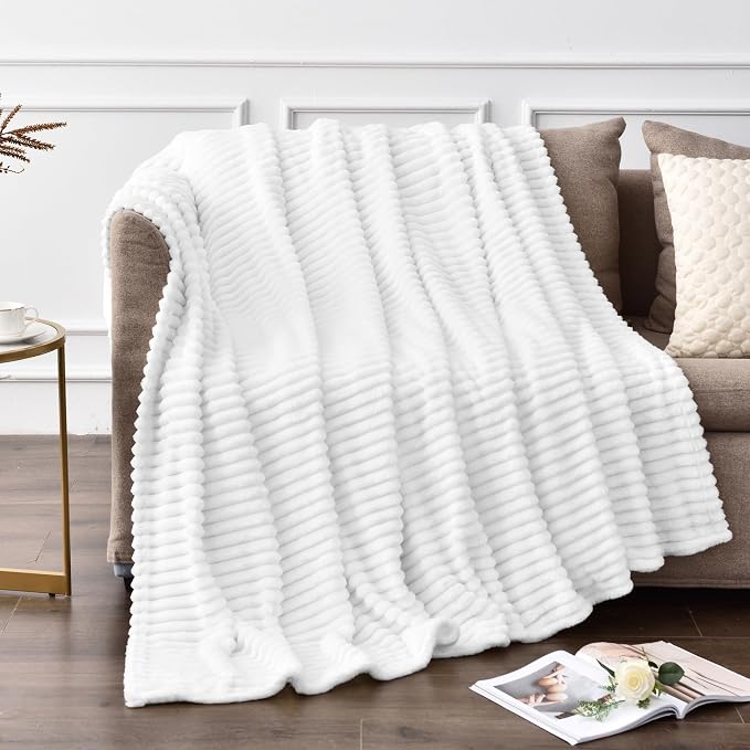 BEDELITE Ribbed Jacquard White Fleece Throw Blanket for Couch, 50x70 Inch | Soft Warm Decorative Fluffy Blanket, Cozy Plush Lightweight Fuzzy Throw Blanket for Bed Sofa Home Room Decor, Gift for Women