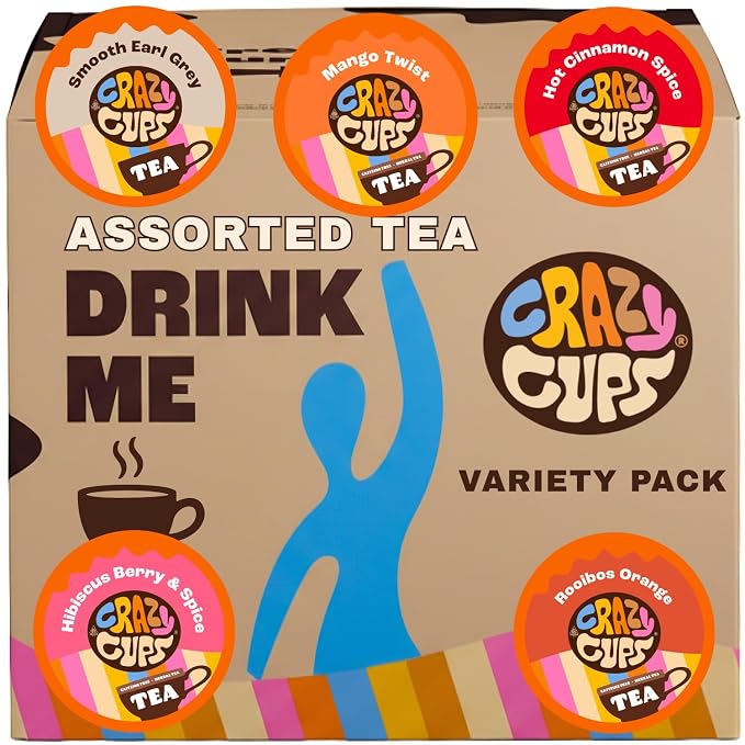 Crazy Cups Assorted Tea Variety Pack 50 Count, Cinnamon, Earl Grey, Hibiscus Berry & Spice, Mango Twist, Rooibos Orange, Single Serve Tea Pods Variety Pack for Hot & Iced