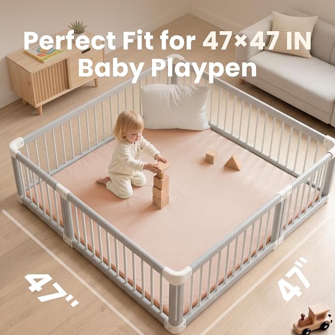 Huloo Sleep Baby Play Mat 47x47 Inches, 1.3" Thick Padded Waterproof Floor Cushion & Playpen Mat with Vegan Leather, Non-Slip & Non-Toxic Nursery Rug for Infants, Toddlers & Kids(Pink)