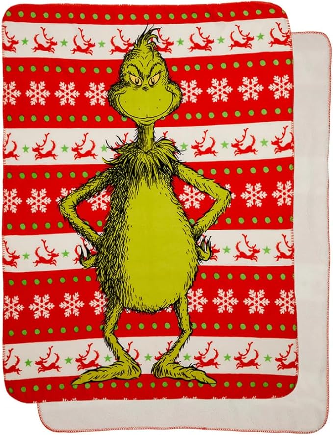 Dr. Seuss The Grinch Holiday Christmas Kids Bedding Soft Plush Cozy Sherpa Blanket Throw, 46 in x 60 in, (Officially Licensed Product) by Franco