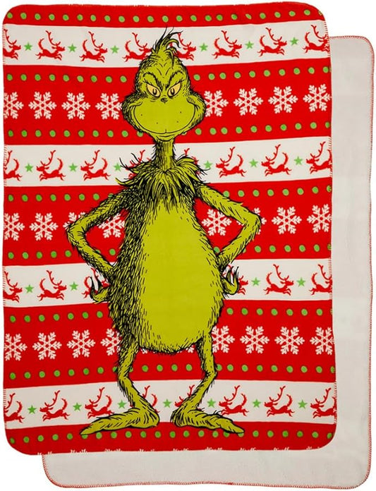 Dr. Seuss The Grinch Holiday Christmas Kids Bedding Soft Plush Cozy Sherpa Blanket Throw, 46 in x 60 in, (Officially Licensed Product) by Franco