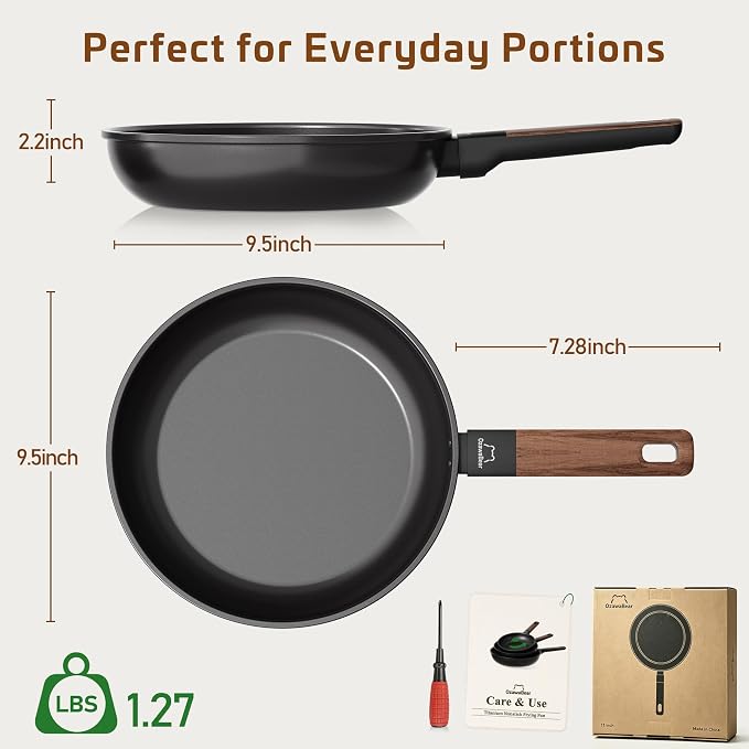 Non Stick Frying Pan Skillet, Titanium Coating Fry Pan Egg Pan Omelet Pan Nonstick, Healthy Induction Cookware Chef's Pan, PFAS PFOA & PTFE Free (9.5 Inch)