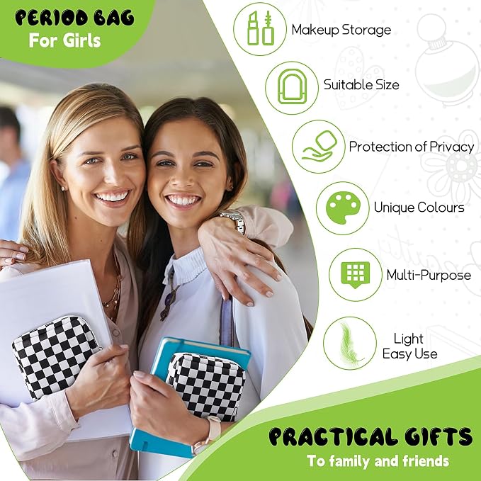 Sanitary Pad Storage Bag Portable Period Bag for Teen Pads/Sanitary Napkins/Small Tampons, Sanitary Napkin Storage Bag First Period Gifts for Teen Girls (Black-white Check)