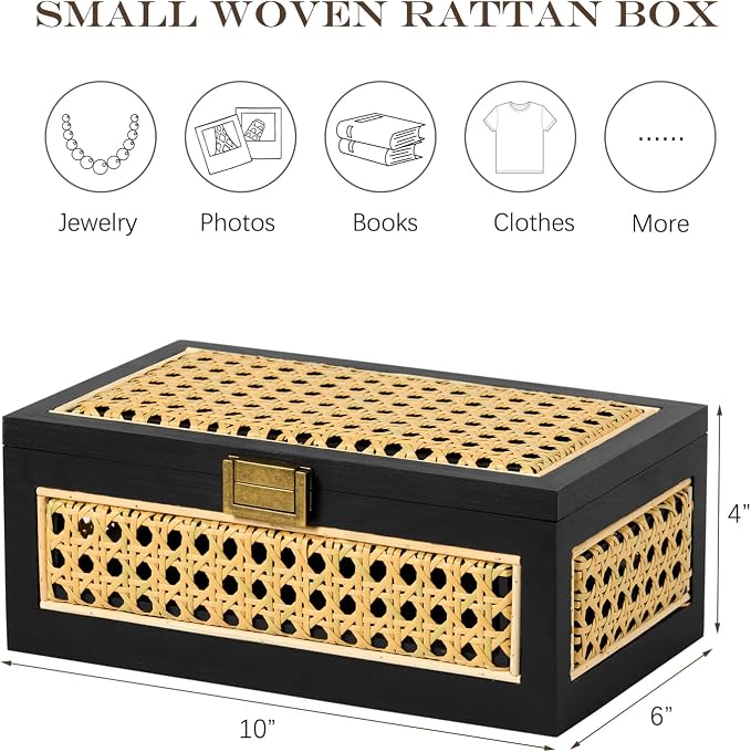 Rattan Storage Boxes Decorative Handmade Natural Wood Baskets | with Lid & Wooden Frame, Boho Rustic Wicker Stacking Woven Cane Bins, Shelf Closet Desk Organizer Container, Black, Small