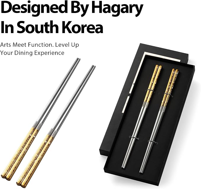 Hagary Dragon Chopsticks Metal Reusable Designed In Korea Japanese Style Stainless Steel 316 18/10 Non-Slip 2 Pairs Dishwasher Safe Laser Etched (Gold)