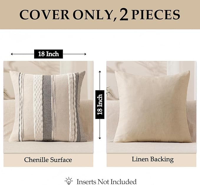 ANRODUO Boho Decorative Throw Pillow Covers White Stripe 18x18 Pack of 2 | Throw Pillow Covers, Farmhouse Cushion Case, Chenille Pillow Cases, Pillow Covers, Neutral Pillowcase for Sofa Couch Bed