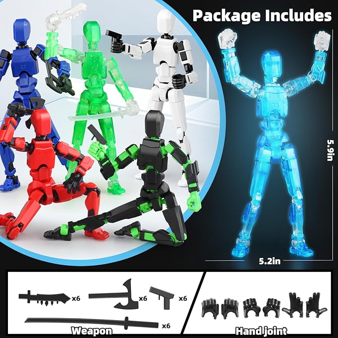 Luminous 13 Action Figure Set, 6PCS Robot Action Figure Titan 13 3D Printed Toys Articulated, for Modeling Enthusiasts Etc Birthday Gifts for Kids 3-8 Years Old, Grow in Dark （Assembly Required）