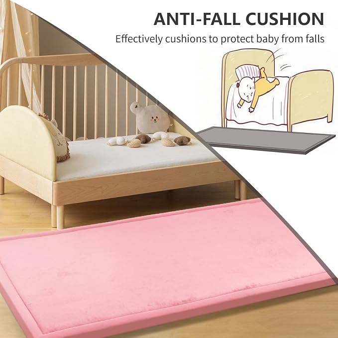 2" Thick Play Mat for Babies Toddlers,Extra Safety Anti-Fall Cushion Mat, Non-Slip Water-Repellent Coral Velvet,28"x72" Bedside Rug for Kids Room (Pink)