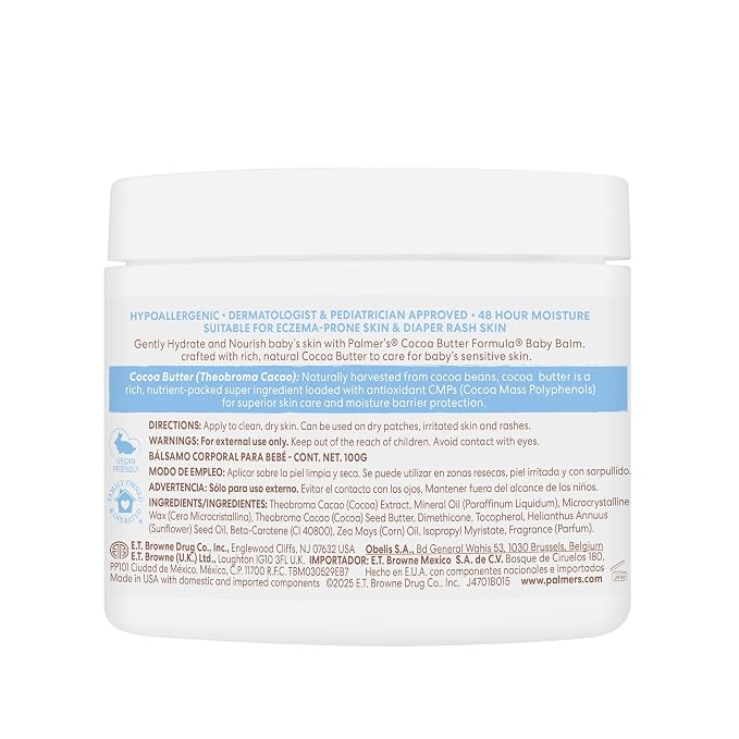 Palmer's Baby Balm, Cocoa Butter Formula Hydrating Baby Cream, 3.5 Oz, Nourishing Dry Skin, Eczema, Cradle Cap & Diaper Rash Cream, Hypoallergenic, 48Hr Moisture, Dermatologist Tested Essentials