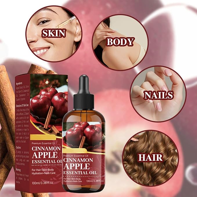 Apple Cinnamon Essential Oil, Natural Scented Diffuser Oil with Dropper for Aromatherapy, Natural Candle Making & Soap Making Scents, Hair Care, Face, Skin Care & Body Massage for Home, Office 3.53oz