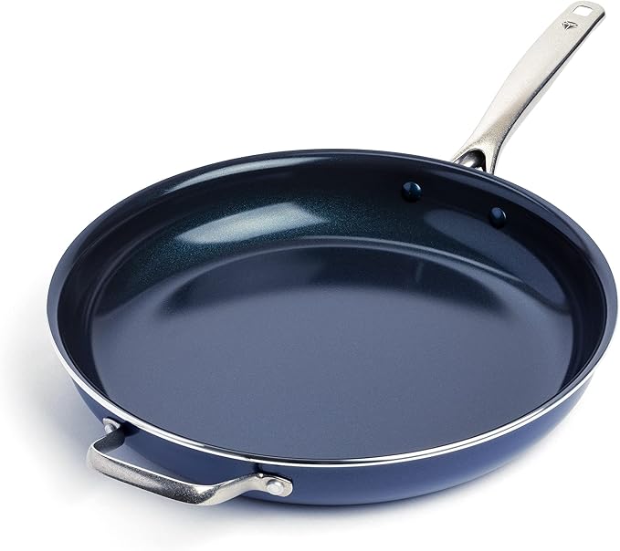Blue Diamond 14" Diamond Infused Ceramic Nonstick Frying Pan Skillet | PFAS-Free Ceramic Nonstick Jumbo Pan with Helper Handle, Dishwasher & Oven Safe, Durable Metal Utensil Safe, Egg Pan, Blue