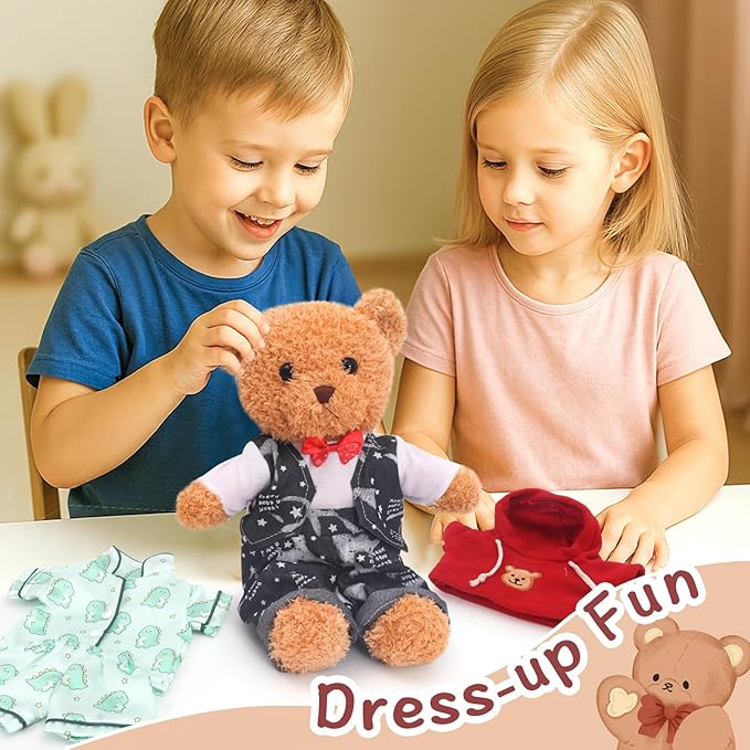 Build A Bear Clothes Bears Stuffed Animal with 5 Pcs Bear Clothes Tee Hoodie Cute Tiny DIY Toy Make Your Own Bear Plush Doll