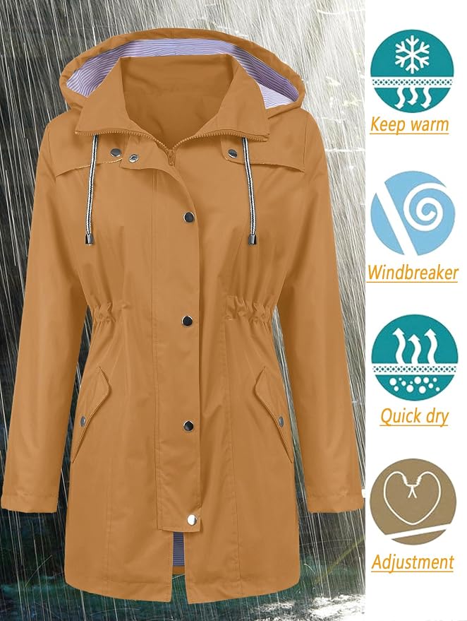 LOMON Raincoat Women Waterproof Long Hooded Trench Coats Lined Windbreaker Travel Jacket S-XXL