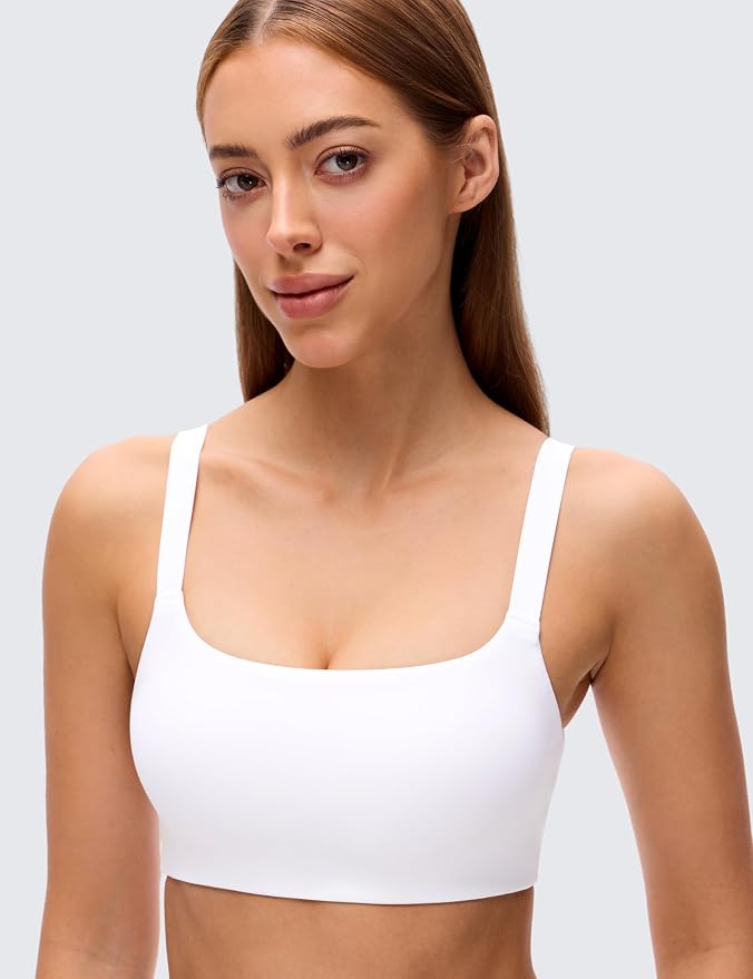 CRZ YOGA Butterluxe Adjustable Wide Strap Sports Bras for Women - Square Back Padded Scoop Neck Yoga Top