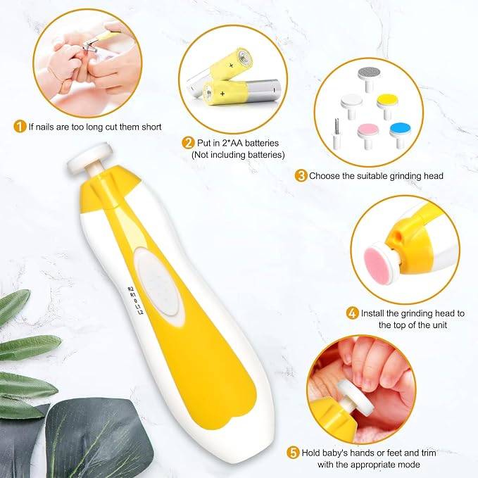Qunlions life Baby Nail Trimmer Electric, 6 in 1 Baby Nail File Clippers Infant Grooming Kit Manicure Set for Toddler or Adults, Yellow