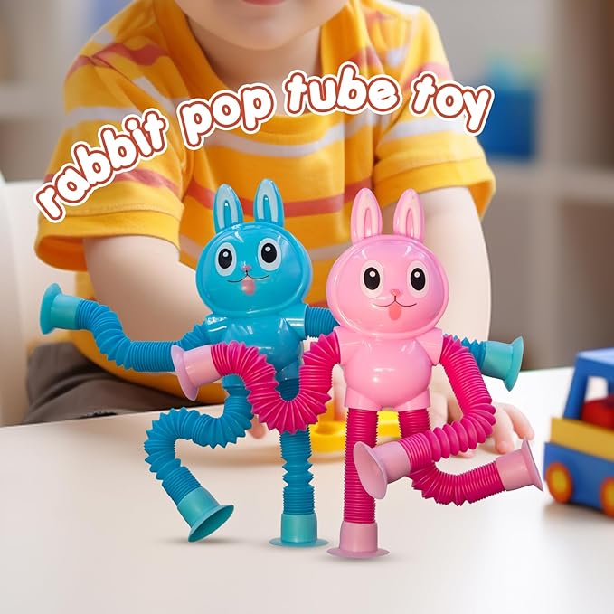 Pop Tubes Rabbit Fidget Toys for Kids, 2Pack Fidget Pop Toys Telescopic Suction Cup Toy for Stress and Anxiety Relief, Stocking Stuffers Gift for Kids and Toddlers (2Pack Rabbit)