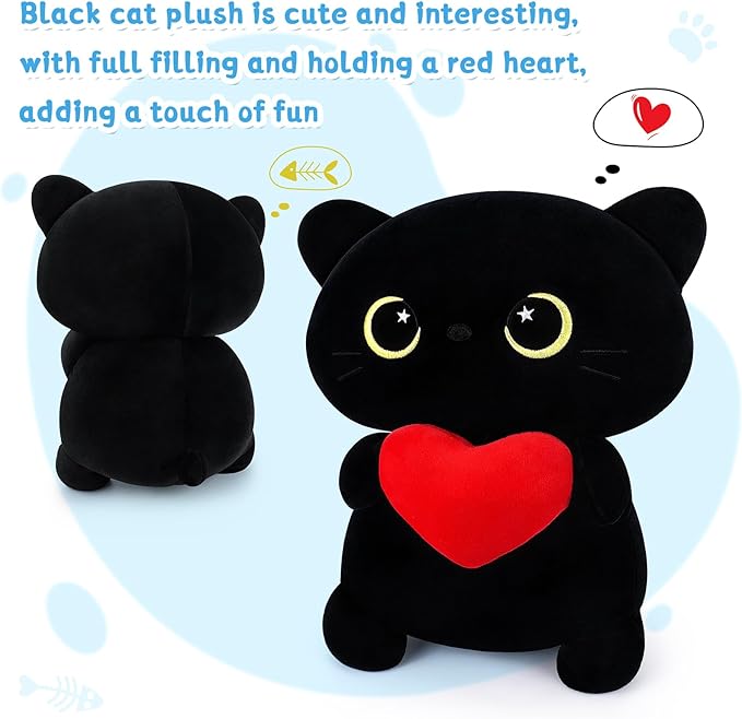 Achwishap Black Cat Plush,Cute Cat Stuffed Animal-14” Kawaii Black Cat Plush Toys Birthday Gifts for Girls Boys Adults,Cute Plushies Soft Kitten Plushie Cuddle Pillow for Kids,Red Love Heart Plush