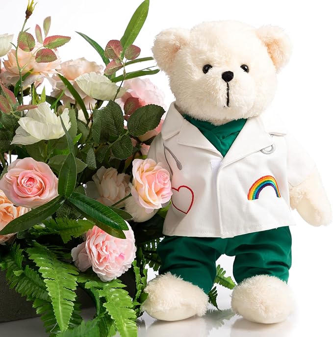 HollyHOME Doctor Bear Stuffed Animal Plush Teddy Bear in Scrubs and White Coat Gifts for Doctors Students and Kids 16 inches,Cream