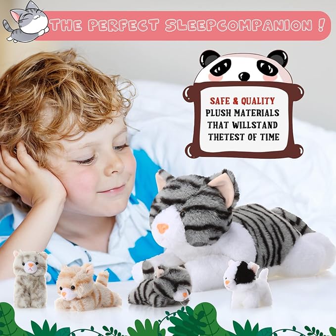 Skylety 5 Pieces Cat Stuffed Animal with Babies Inside Belly Plush Cat Pregnant Mommy Kitty with 4 Cute Fluffy Stuffed Kittens Christmas Birthday Surprise Gifts(Gray)