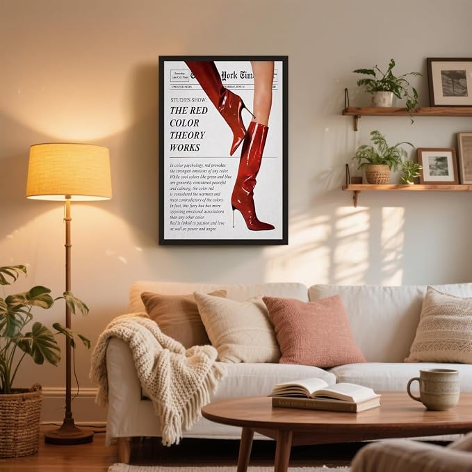 Vintage Color Theory Newspaper Poster Retro Fashion Red Boots Canvas Wall Art Funky Girl Room Decor Feminist Quote Print Wall Decor Aesthetic for Girly Bedroom Home Dorm 8x12inch Black Aluminum Frame