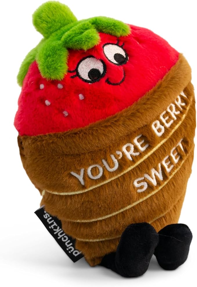 Strawberry Plushie - You're Berry Sweet Punny Chocolate Strawberry Plush, Cute Food Plushie Gift for Kids