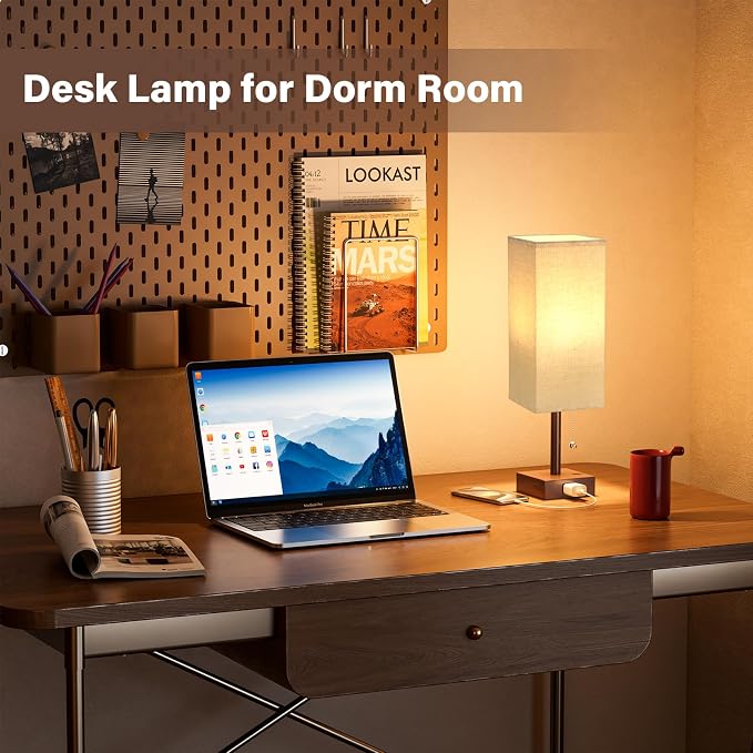 Bedside Lamps for Bedroom Set of 2 - Small Rectangular Nightstand Lamp with USB A C Charging Port, 3 Color Temperatures Desk Light with Bulb, Brown Tabletop Reading Lamp for Living Room/Dorm/Office