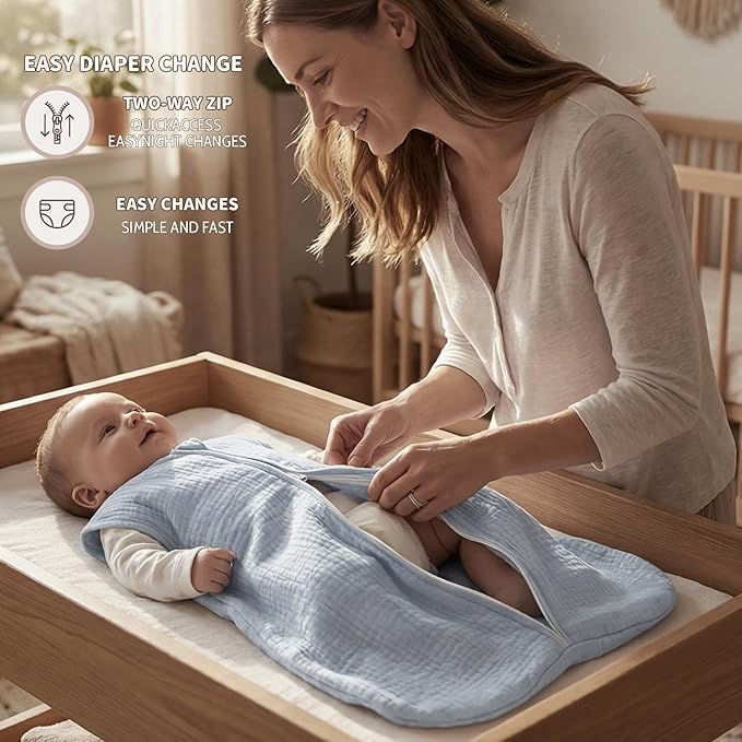 BSTOPPT 2 Pack Baby Sleep Sack 6-12 Months 100% Organic Cotton Muslin Baby Sleeping Bag 2-Way Zipper Wearable Blankets TOG 0.3 (White & Light Gray, Medium)