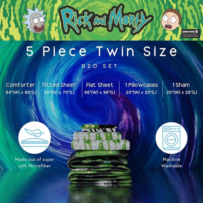Rick & Morty 5 Piece Super Soft Cozy Reversible Comforter and Sheet Set with Sham, Twin, (Officially Licensed Product) By Franco