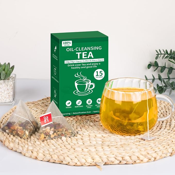 Oil Reducing Tea, 100% Pure & Natural Oil Cleansing Tea with 10 Precious Ingredients Formula for Liver Detoxification, Effectively Improve Intestinal Cleansing (1 Box/15 Bags)