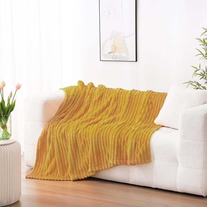Mustard Yellow Fleece Throw Blanket 50”×60” for Couch Sofa Livingroom | Linecooo Super Soft Cozy Plush Microfiber Flannel Bed Blanket Striped Design Lightweight Home Decor Gifts for Adult Mom Women